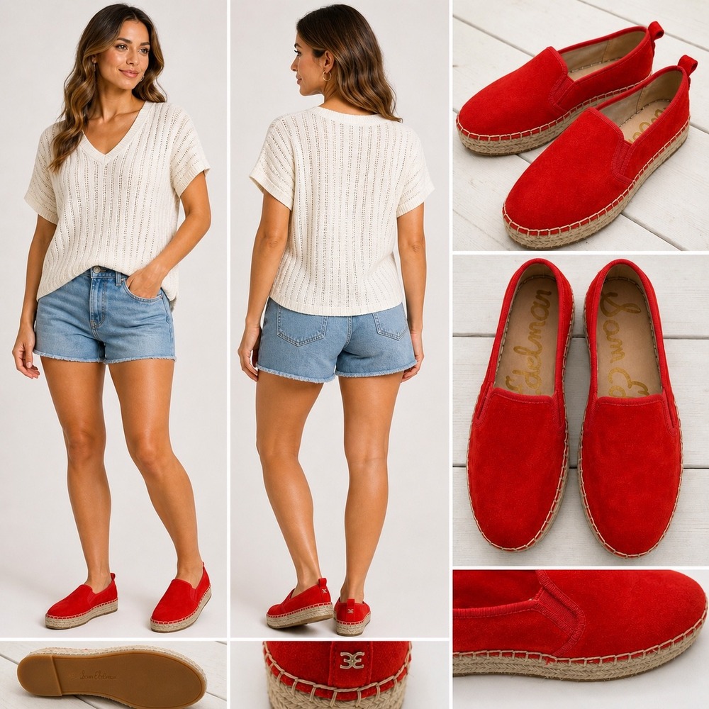 Sam Edelman Carrin Red Suede Espadrille Slip On Platform Sneakers Womens 7M 37